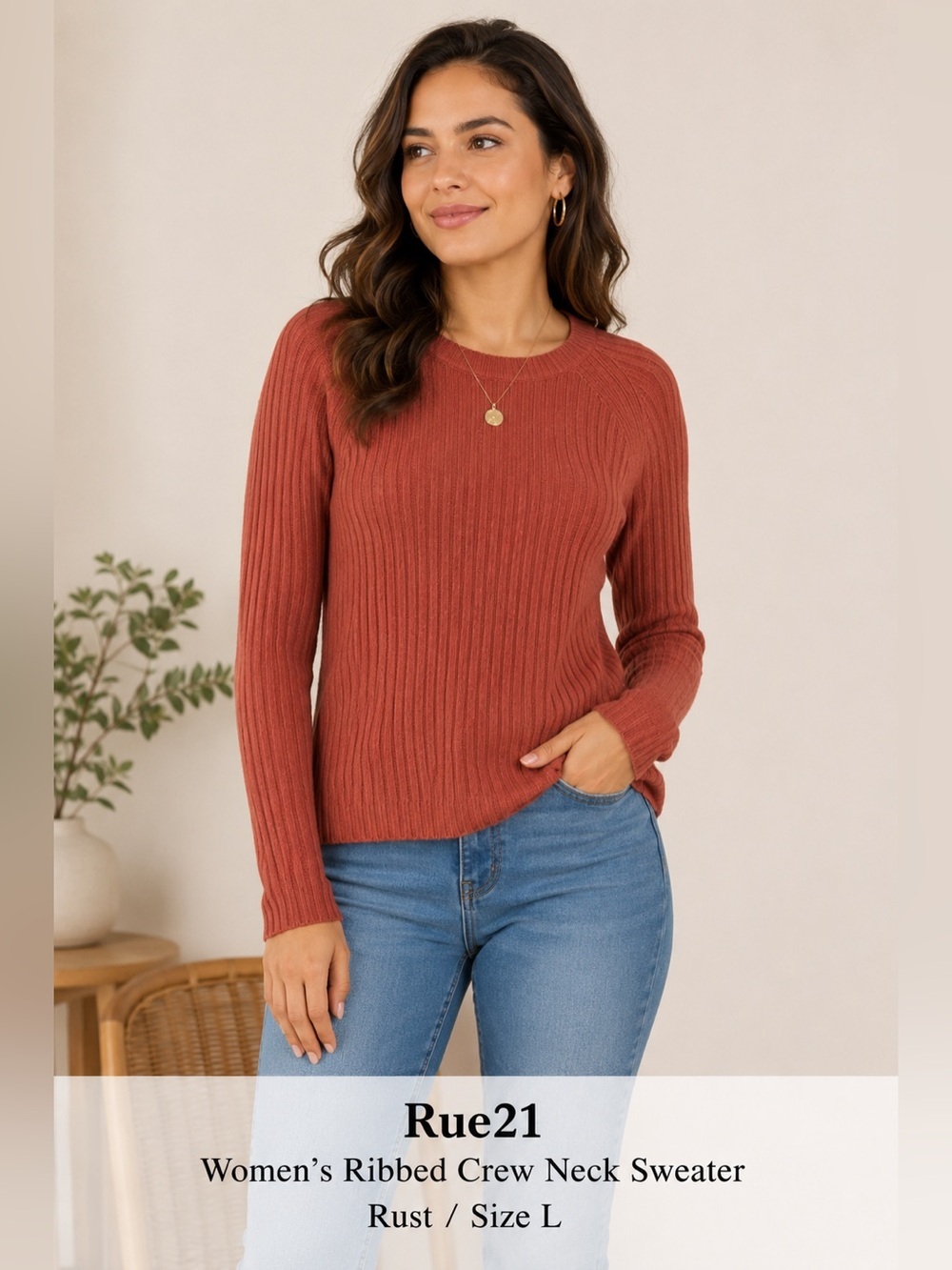 Rue21 Women's Ribbed Crew Neck Sweater - Rust/size L